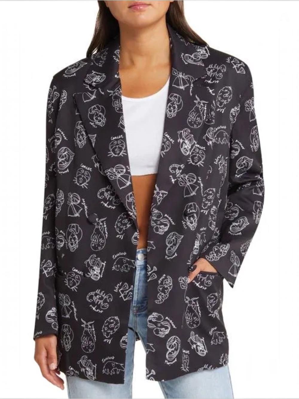 NWT LALA Zodiac Love Blazer Sz Small Black White Oversized Boyfriend Astrology